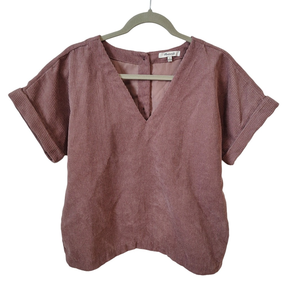 Madewell Women's Top Medium Pink Mauve Corduroy V Neck Rolled Sleeve Button Back